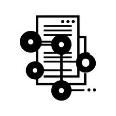 A stylized illustration of documents connected by a network of nodes and lines, suggesting data or information flow.