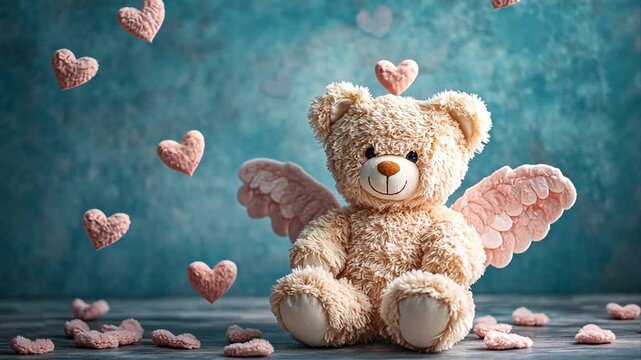 a cute teddy bear with angel wings surrounded by floating pink hearts, a conceptual illustration symbolizing love, affection, and tender emotions for valentines day with dreamy soft textures