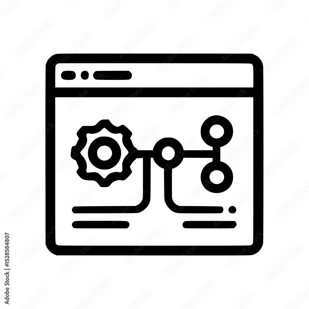 Poster outline icon of a browser window displaying a gear connected to nodes, representing a process or sys