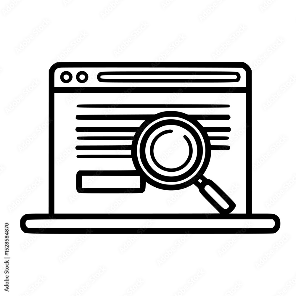 Poster laptop screen displaying webpage being analyzed with magnifying glass.