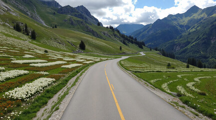 A summer winding mountain road stretching into the distance. AI generation.