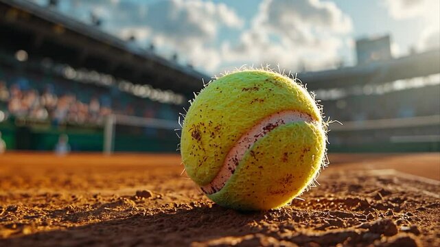 close-up view of a tennis ball on the clay court with a stadium in the background evoking the atmosphere of competitive sports and anticipation of the game with the bright sunlight