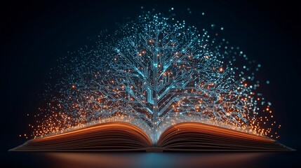 Glowing digital tree emerging from open book pages