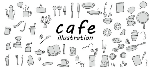 手書きのかわいいカフェのアイコンイラストセット　ベクター黒