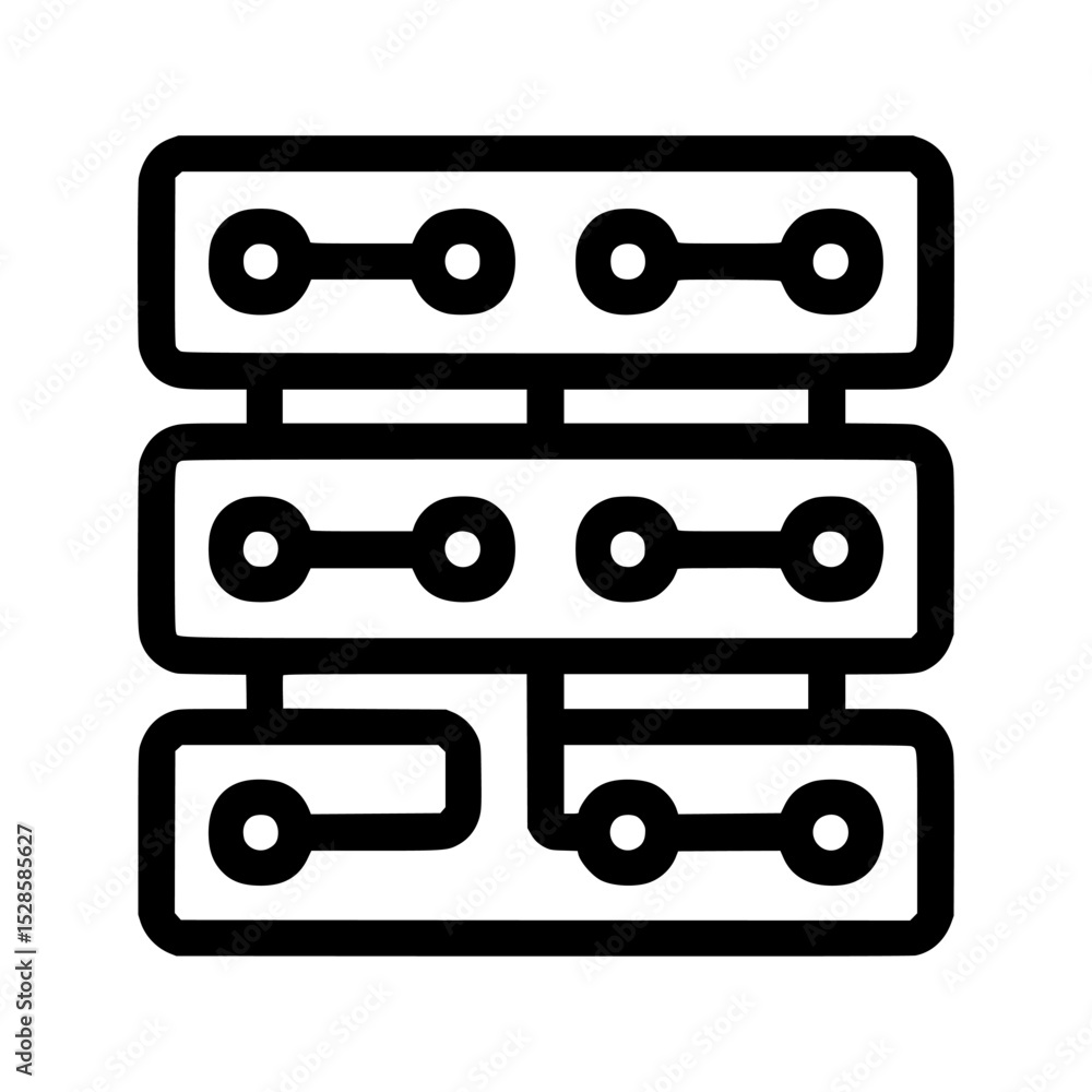 Poster a stylized icon depicting a networked server rack, showcasing interconnected data storage units.