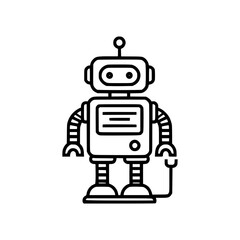 Line art illustration of a robot with a rectangular body, head, and striped limbs, standing on a white background.