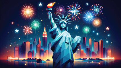 Statue of Liberty and Fireworks, A majestic, cartoon-style Statue of Liberty hold 