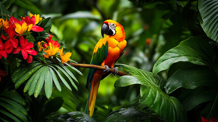 Scarlet and Blue-and-Yellow Macaw Perched in Lush Tropical Rainforest , A vibrant and colorful Macaw (likely a Scarlet or Blue-and-Yellow hybrid) perched on a branch amidst the dense, lush green folia