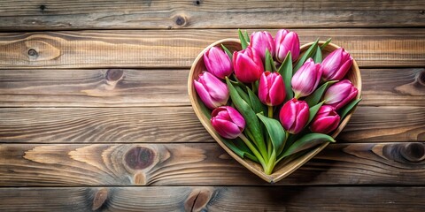 Fototapeta premium A heart-shaped wooden bowl overflowing with vibrant pink tulips rests on a rustic wooden surface