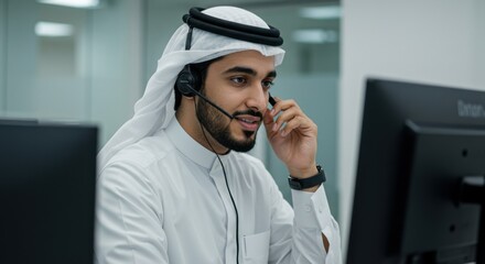 Middle Eastern Man in Call Center Wearing Headset