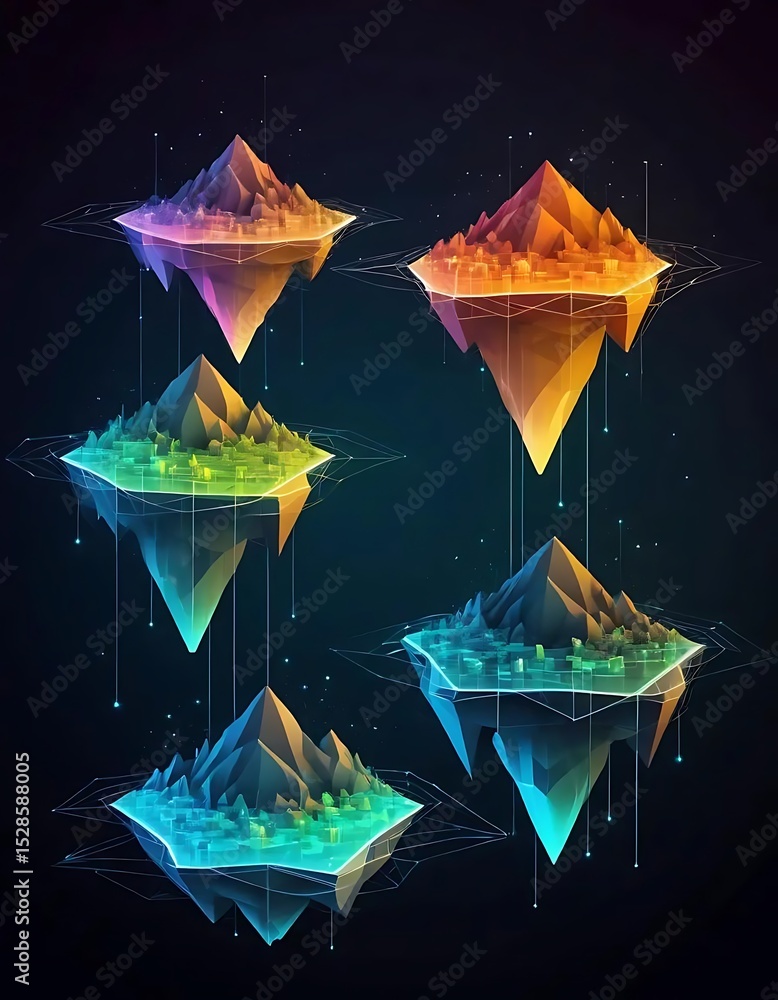 Poster abstract floating islands with colorful geometric structures, network connections