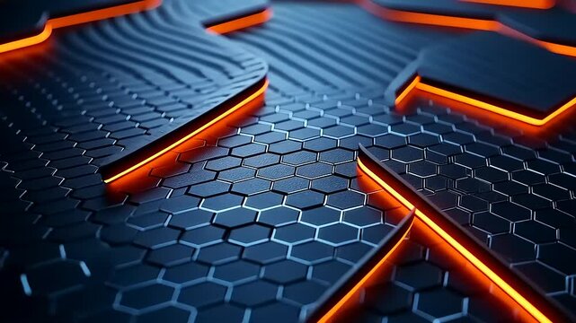 Futuristic Technological Grid with Hexagonal Pattern and Glowing Orange Edges Visual Design