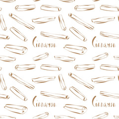 seamless cinnamon spice pattern with brown hand drawn sticks and text on white background in sketch doodle style