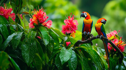 Scarlet and Blue-and-Yellow Macaw Perched in Lush Tropical Rainforest , A vibrant and colorful Macaw (likely a Scarlet or Blue-and-Yellow hybrid) perched on a branch amidst the dense, lush green folia