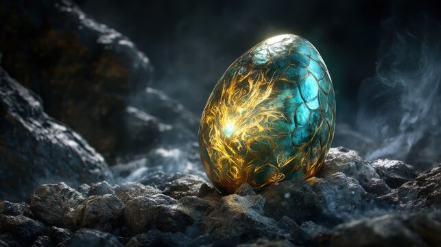 Mystical Dragon Egg Nestled on Dark Rocks, Glowing with Golden Veins and Teal Scales, Mysterious and Enchanting Fantasy Scene