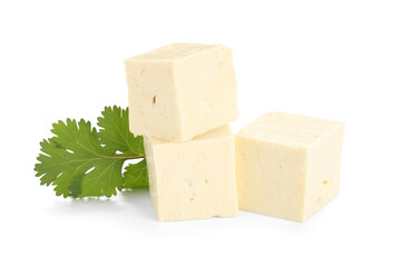 Cut tofu cheese isolated on white background, closeup