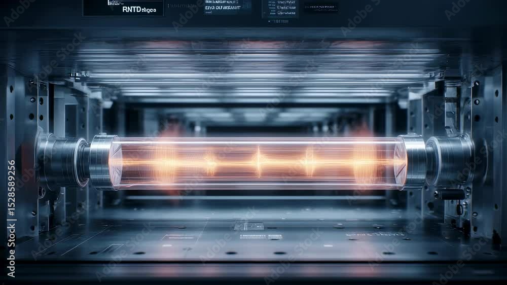 Poster pulsating plasma cylinder glowing with inner energy, monitored through advanced digital interface re