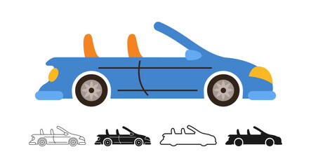 Car cabriolet icon symbol cartoon set. Hand drawn cute automobile car in multiple styles colored, silhouette, outline kid collection. Simple children funny auto transport icon vector illustration
