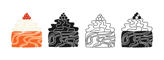 Sushi roll with shrimp symbol cartoon set. Traditional Asian Japanese food linear doodle icon. Sushi seafood vector illustration. Stylized doodle design sign for oriental menu, cafe, bar, restaurant