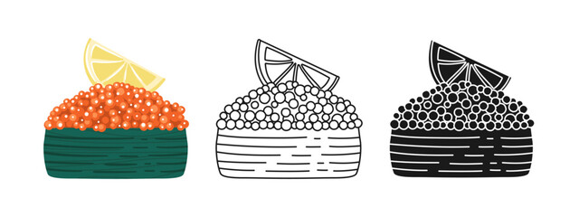 Gunkan maki Sushi with caviar symbol cartoon set. Traditional Asian Japanese food linear doodle icon. Sushi seafood vector illustration. Stylized doodle design sign for menu, cafe, bar, restaurant