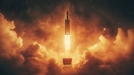 Innovation in technology and space exploration represented by rocket launching from a laptop