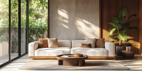 Fototapeta premium A minimalist living room bathed in natural sunlight, featuring a white sofa, wooden accents, and tropical plants.