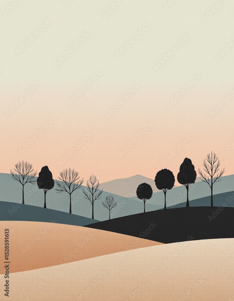 Poster a serene landscape featuring stylized trees against a gradient sky, blending soft colors with rollin