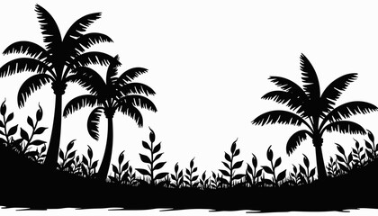 Silhouette of palm trees and foliage against white background  
