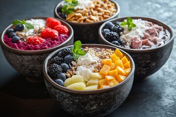 Vibrant Smoothie Bowl. A Health-Boosting Gourmet Breakfast with Colorful Fruit and Crunchy Toppings