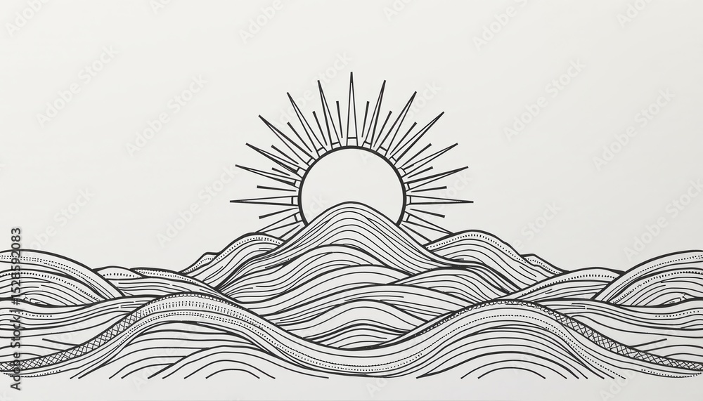 Poster a minimalist line art depiction of waves with a rising sun in the background, creating a serene and 