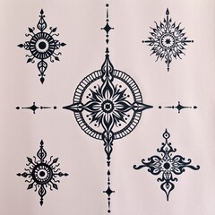 A collection of intricate black symbols and designs arranged around a central motif, showcasing artistic geometry on a light background.