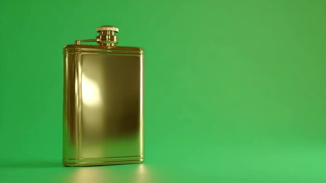 Gold-colored hip flask on a green background