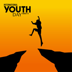 International youth day. Vector illustration of silhouette young man crossing the cliff. August 12. Poster or banner.
