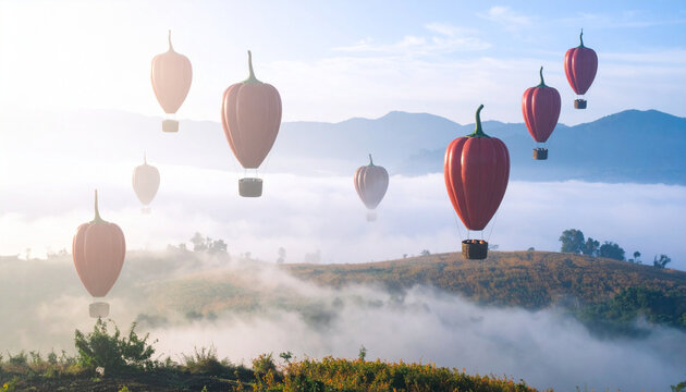 Chili pepper hot air balloons floating over cumin scented cloud terrain. Food Concept. Generated Image