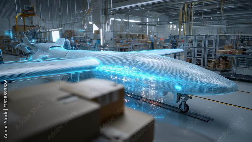 Poster engineers are working on a futuristic airplane in a modern factory, using augmented reality to visua