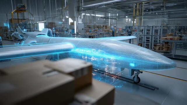 Engineers are working on a futuristic airplane in a modern factory, using augmented reality to visualize its internal components and design - Powered by Adobe