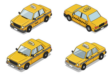 Isometric vector art rendering of four yellow taxi cabs in varying perspectives