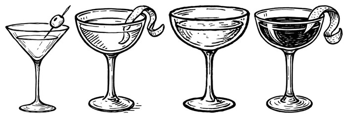 PNG Vintage cocktail glass illustrations, element set on transparent background