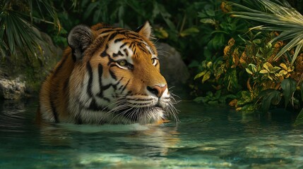 Obraz premium Majestic Tiger Swimming Gracefully in Serene Water Surrounded by Lush Jungle and Greenery