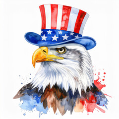Eagle's Patriotic Pride: A majestic bald eagle, adorned with a symbolic hat, embodies the spirit of patriotism, featuring vibrant colors in an illustration.
