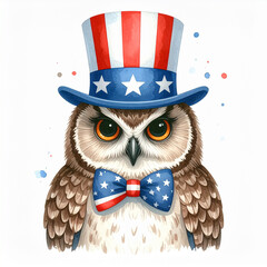 Patriotic Owl Portrait: A majestic owl, adorned in a stylish Uncle Sam hat and bow tie, exudes a sense of national pride and festive cheer.