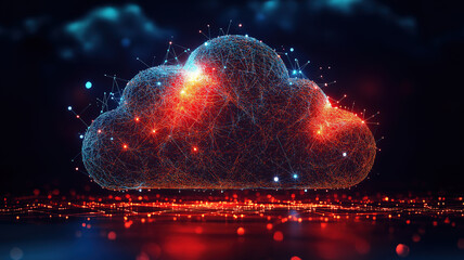 Cloud storage network illustrated with interconnected lines, triangles, and particles showcasing data flow