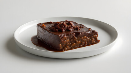 A decadent chocolate dessert, rich and glossy, sits on a minimalist white plate.  Topped with small, dark pieces, it's a visually appealing treat.
