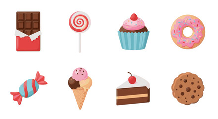 Delicious sweet treats vector illustration featuring chocolate candy donut cupcake ice cream and cake designs