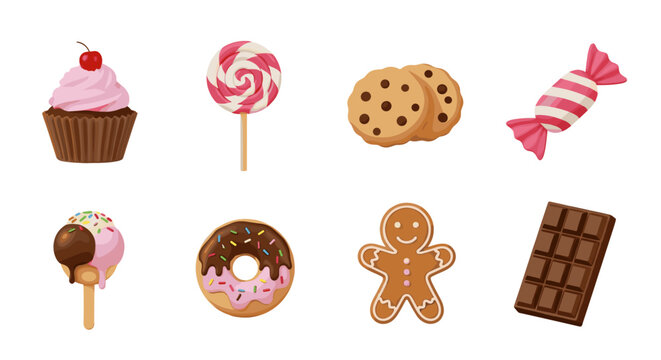 Assorted sweets and treats collection featuring cupcake lollipop cookies candy ice cream donut gingerbread chocolate