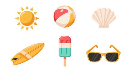 Summer beach vacation items vector illustration sun surfboard seashell sunglasses popsicle beach ball design