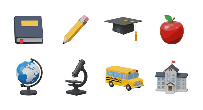 Back to school education elements vector illustration with book pencil bus globe and school building icon set