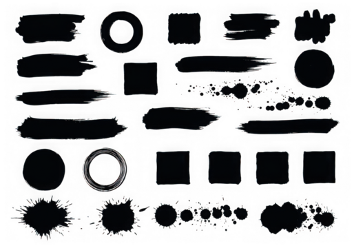 Collection of black shapes and brush strokes isolated on transparent background