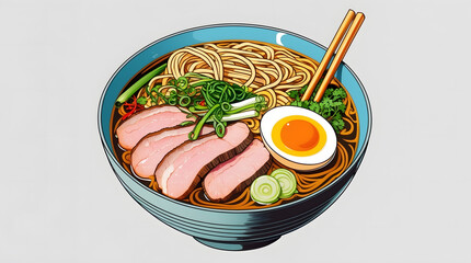 A vibrant illustration of a delicious bowl of ramen noodles.  Topped with sliced duck, a soft boiled egg, green onions, and cilantro.  Served with chopsticks.
