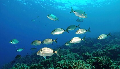 Fototapeta premium Silver shoal under sparkling sea depths, exploring the wonders of ocean life